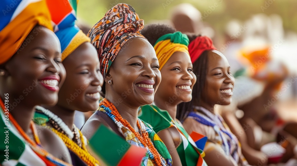 Smiling African women in vibrant head wraps and traditional attire. Smiling African women in vibrant head wraps and traditional attire.