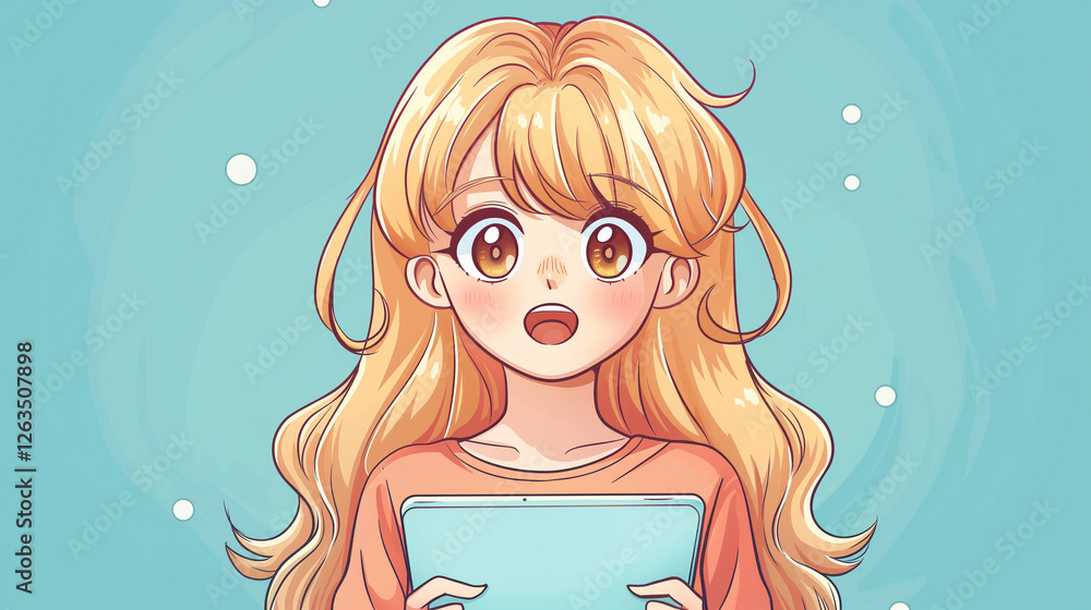 Cute anime-style girl amazed by digital learning on a tablet Cute anime-style girl amazed by digital learning on a tablet