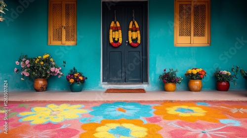 Vibrant floral decorations adorn a teal house, creating a joyful atmosphere. photo