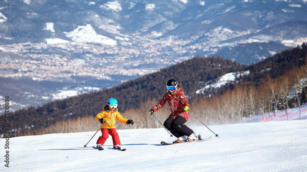 A mother guiding her daughter in learning how to ski as they glide down a slope on a bright and sunny winter holiday in El Tarter, Andorra, nestled in the Pyrenees Mountains A mother guiding her daughter in learning how to ski as they glide down a slope on a bright and sunny winter holiday in El Tarter, Andorra, nestled in the Pyrenees Mountains