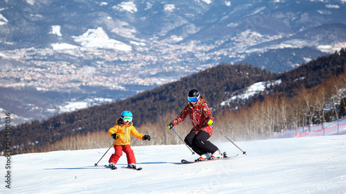 A mother guiding her daughter in learning how to ski as they glide down a slope on a bright and sunny winter holiday in El Tarter, Andorra, nestled in the Pyrenees Mountains photo