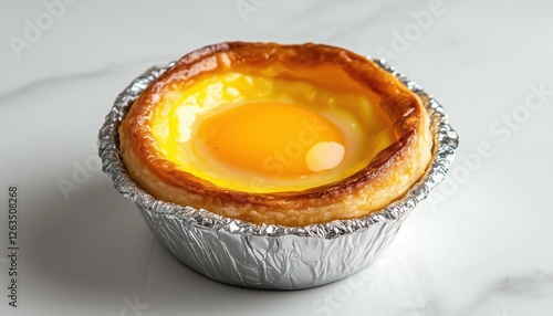 Delicious Egg Tart Baked In An Aluminum Foil Cup Served On A White Plate For A Tasty And Elegant Presentation. photo