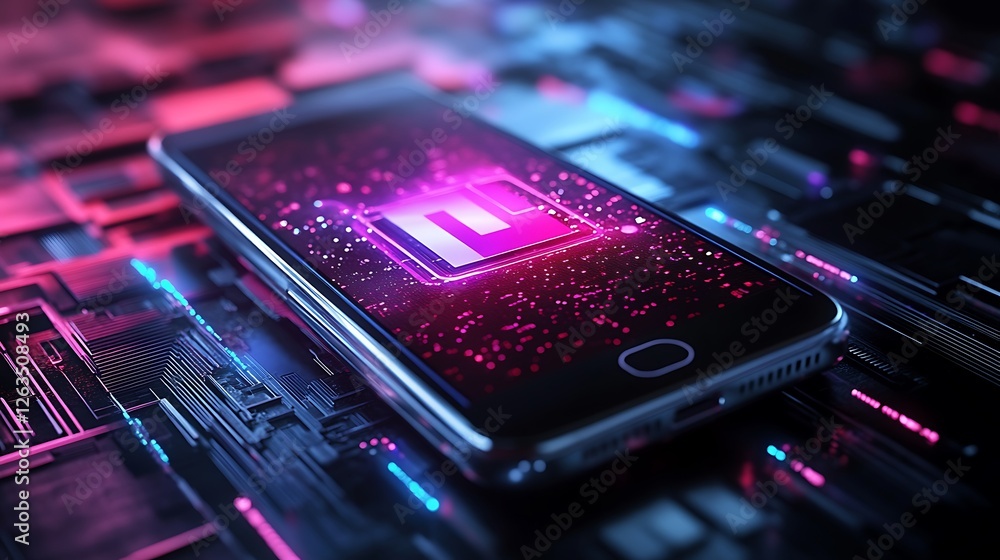 Smartphone displaying a glowing circuit board graphic on a neon-lit tech background. Smartphone displaying a glowing circuit board graphic on a neon-lit tech background.