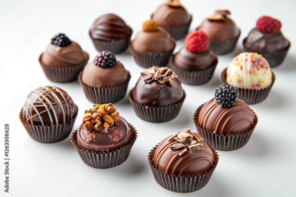 Collection of chocolate candies with decorative toppings on a white background, with full depth of field, focusing on the intricate details Collection of chocolate candies with decorative toppings on a white background, with full depth of field, focusing on the intricate details