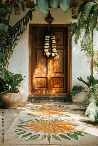 Ornate floral garland adorns a rich wooden door, creating a welcoming entrance to a home. photo