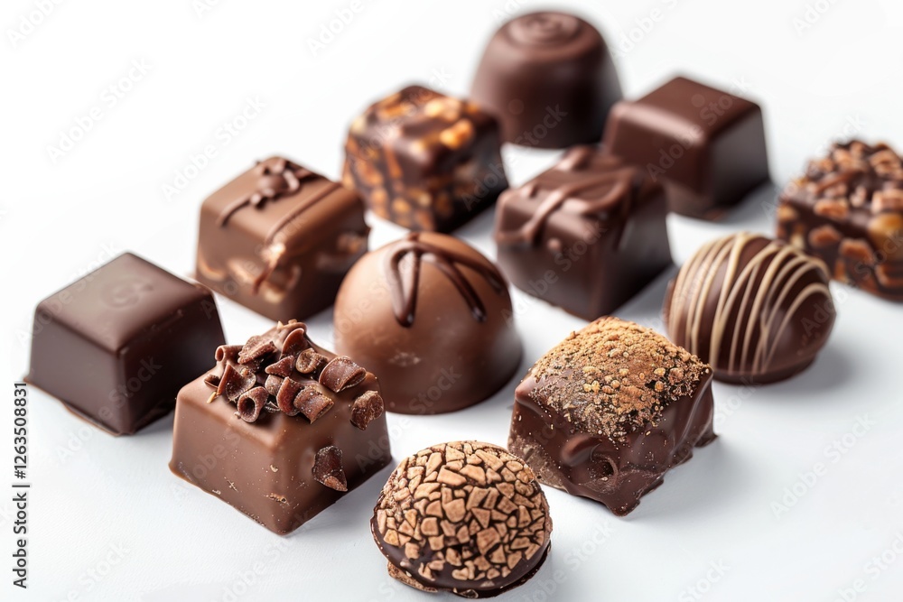 Collection of chocolate candies with decorative toppings on a white background, with full depth of field, focusing on the intricate details Collection of chocolate candies with decorative toppings on a white background, with full depth of field, focusing on the intricate details