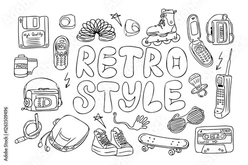 Retro style set of 90s and 2000s items in black and white coloring, including cassettes, pager, skateboard, roller skates, floppy disk, disc player, mobile phones, and sunglasses. Vector doodle set