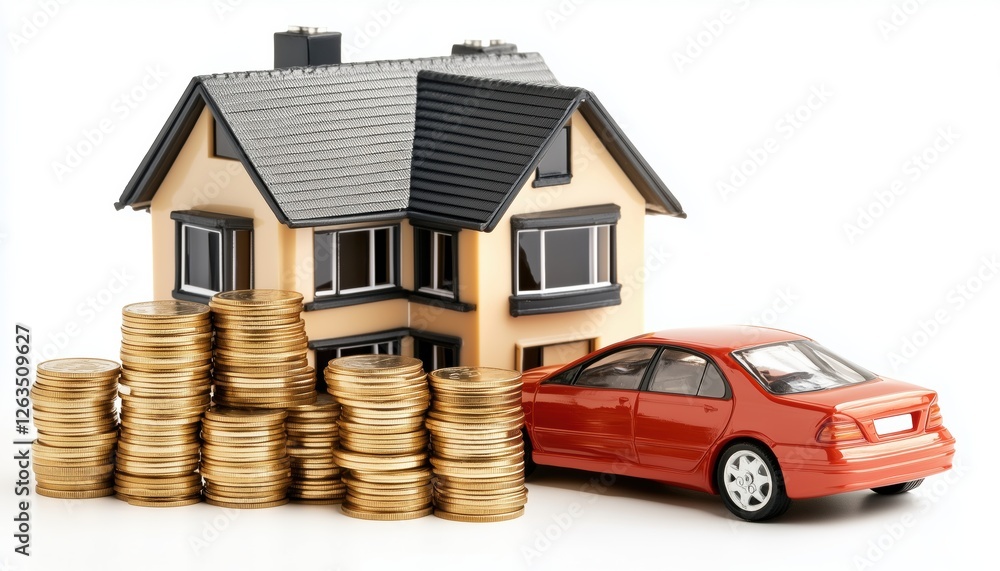 Stacks Of Coins, Car, And House Against A White Background Depicting Business Savings And Investments. Wealth Accumulation Through Strategic Financial Planning. Stacks Of Coins, Car, And House Against A White Background Depicting Business Savings And Investments. Wealth Accumulation Through Strategic Financial Planning.