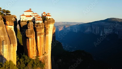 The unique monastery, perched on cliff tops, is surrounded by mountains and forests. The setting sun illuminates the walls, creating a magical atmosphere. The panoramic view conveys the spirit of sile