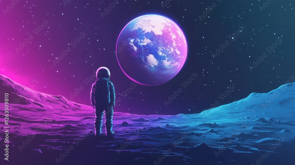 Obraz premium Astronaut standing on planet surface gazing at celestial body