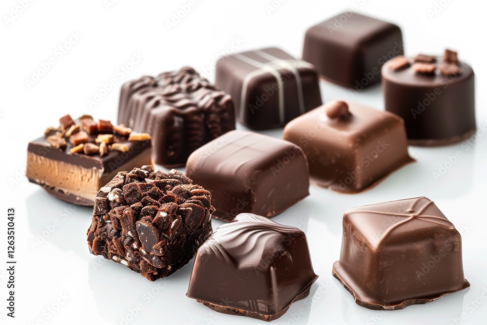 Collection of chocolate candies with decorative toppings on a white background, with full depth of field, focusing on the intricate details Collection of chocolate candies with decorative toppings on a white background, with full depth of field, focusing on the intricate details