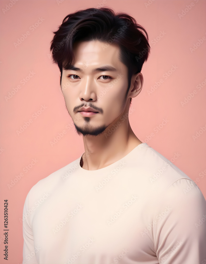 Korean male model exuding charm with a neat beard Korean male model exuding charm with a neat beard