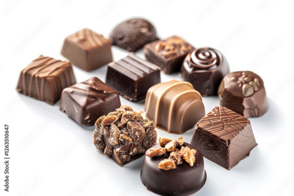 Collection of chocolate candies with decorative toppings on a white background, with full depth of field, focusing on the intricate details Collection of chocolate candies with decorative toppings on a white background, with full depth of field, focusing on the intricate details