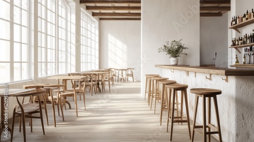 Fototapeta Naklejka Na Ścianę i Meble -  White wall bar interior with a wooden floor, a stone bar and wooden stools near it. Tables with chairs in the background. 3d rendering mock up
