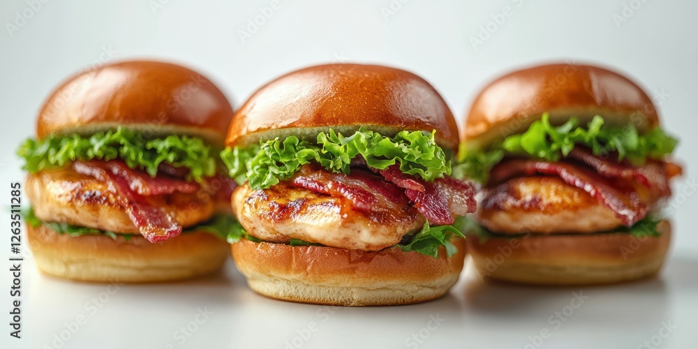 Delicious three bacon chicken sandwiches with crispy lettuce on soft buns ready for a tasty meal Delicious three bacon chicken sandwiches with crispy lettuce on soft buns ready for a tasty meal