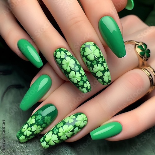 woman hand with green nails st patricks and with clovers