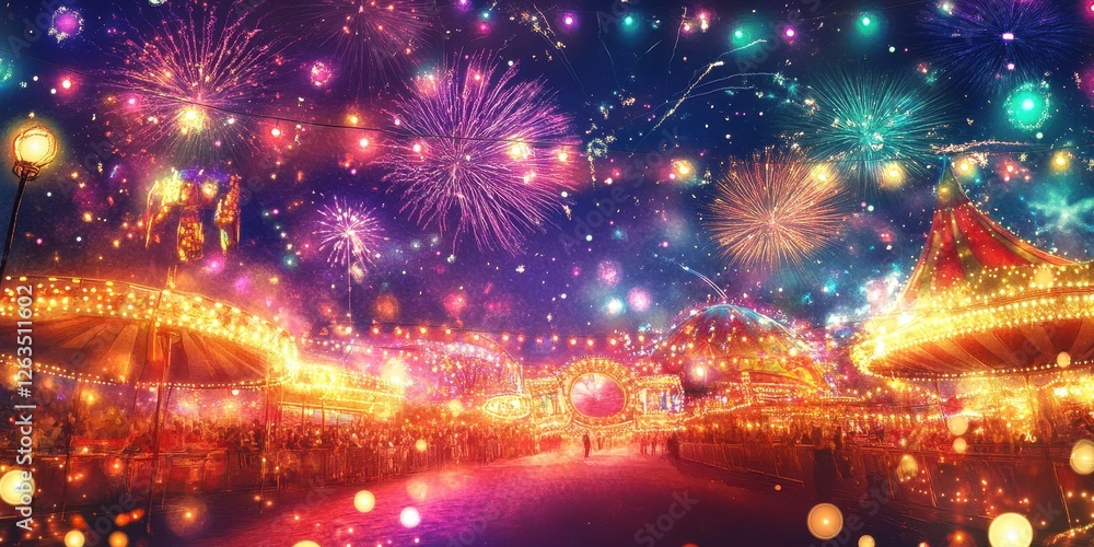 Fototapeta premium Festive fairground illuminated with fireworks and carnival atmosphere