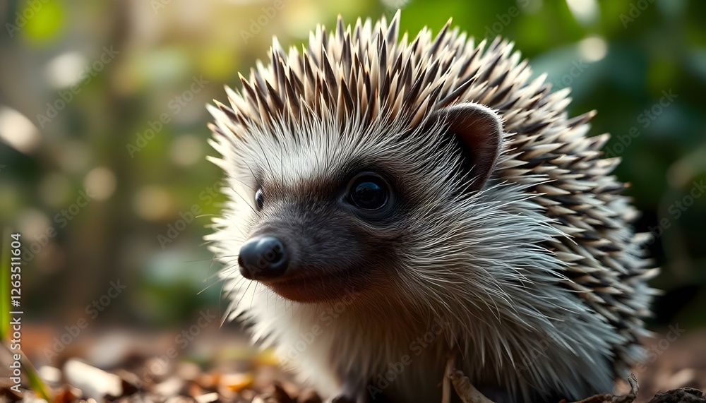 Fototapeta premium Close up of a Female Hedgehog with Intricate Quills and Clear Eyes Against Garden Backdrop
