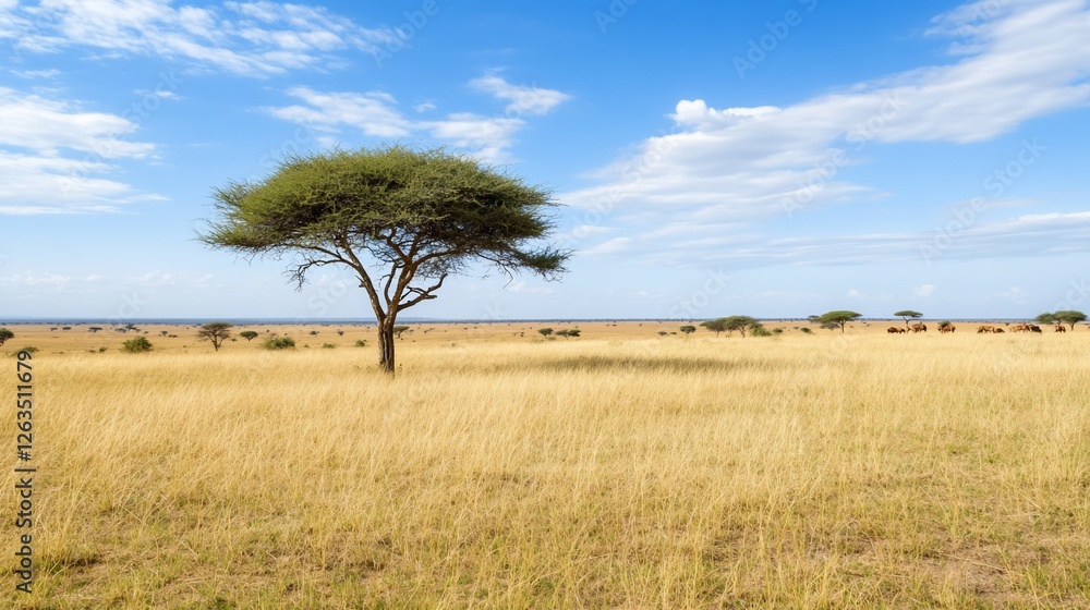 Lone acacia tree in African savanna, wildlife in distance, sunny day, travel poster Lone acacia tree in African savanna, wildlife in distance, sunny day, travel poster