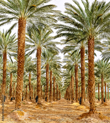 Plantations of date palms. Iconic ancient plant and healthy food crop. Curren...