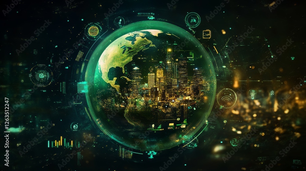 Obraz premium Earth sphere hologram and glowing eco hud with diverse icons and lines, blurred green city on background. Ecosystem and futuristic technology. Concept of green energy and renewable sources