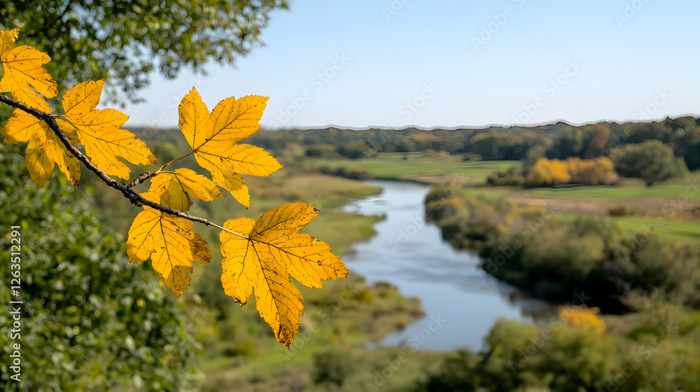 Obraz premium Autumn leaves frame river valley landscape, idyllic nature scene