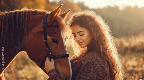 Woman and Chestnut Horse in Autumn Field