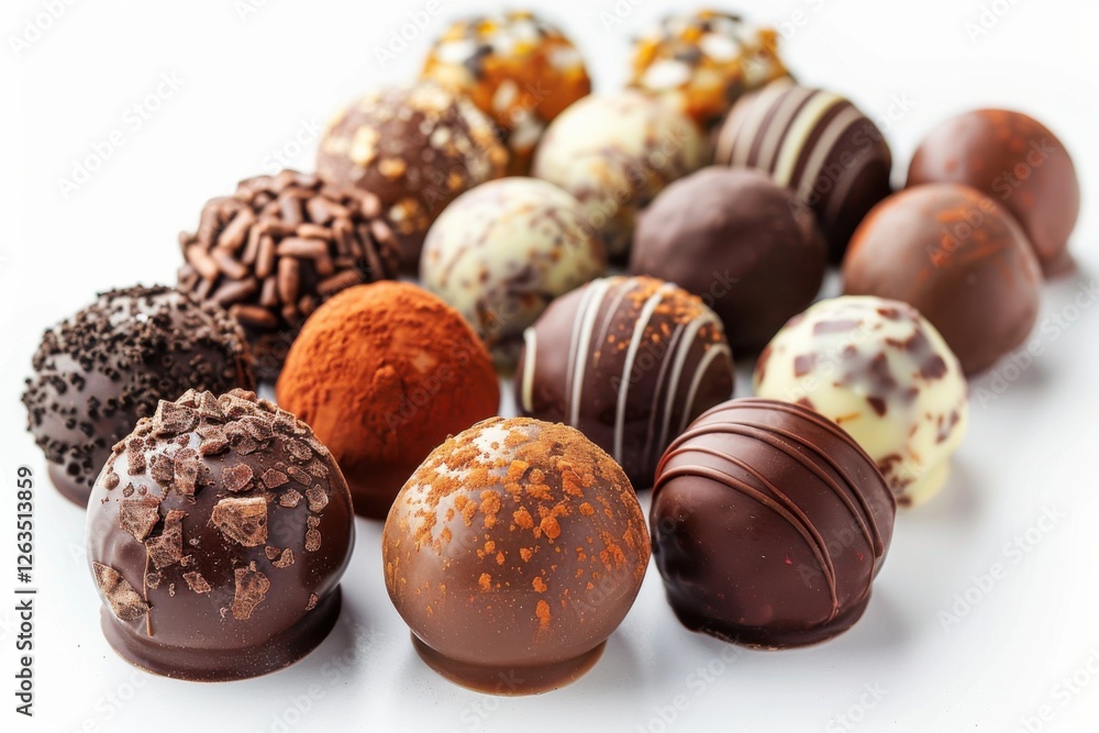 Collection of chocolate candies with decorative toppings on a white background, with full depth of field, focusing on the intricate details Collection of chocolate candies with decorative toppings on a white background, with full depth of field, focusing on the intricate details