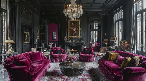 Opulent Crimson Velvet Living Room With Crystal Chandelier