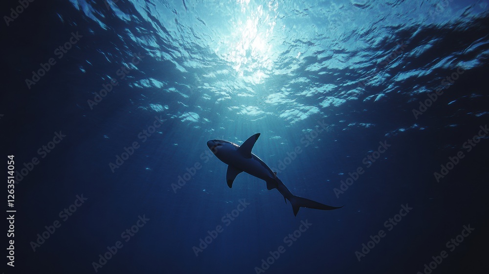 Obraz premium Great white shark swimming in deep blue ocean.