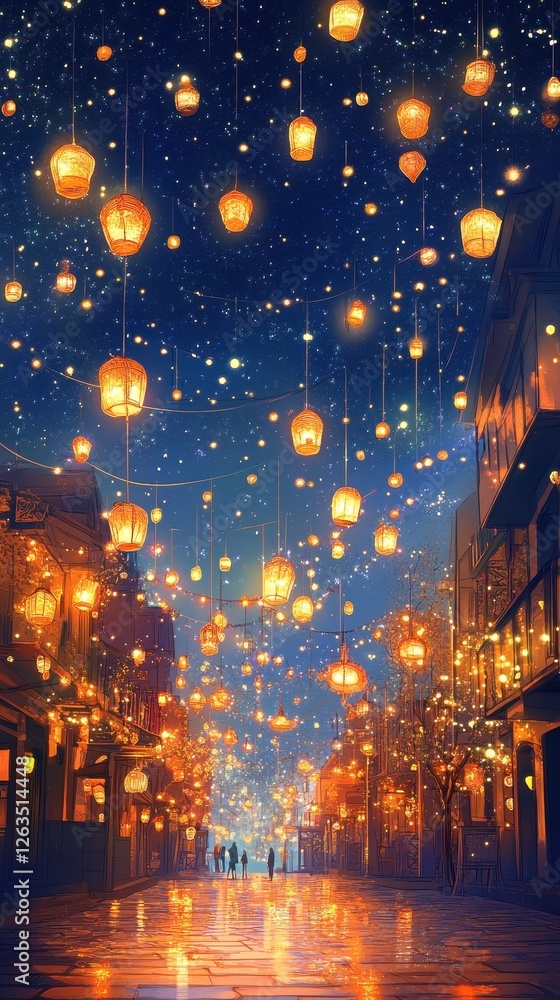 Obraz premium A street illuminated by lanterns under a starry sky