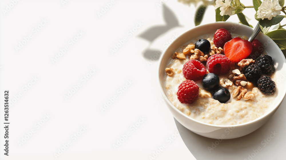 A simple bowl of oatmeal topped with fresh berries and nuts, placed on a clean white surface with text space above. A simple bowl of oatmeal topped with fresh berries and nuts, placed on a clean white surface with text space above.