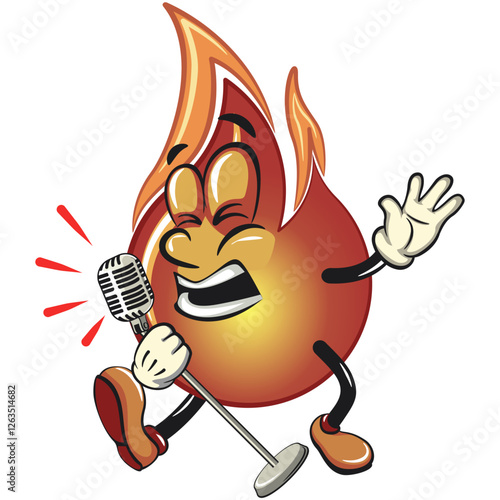 cute fire vektor illustration mascot character sing earnestly with maximum style, work of hand drawn