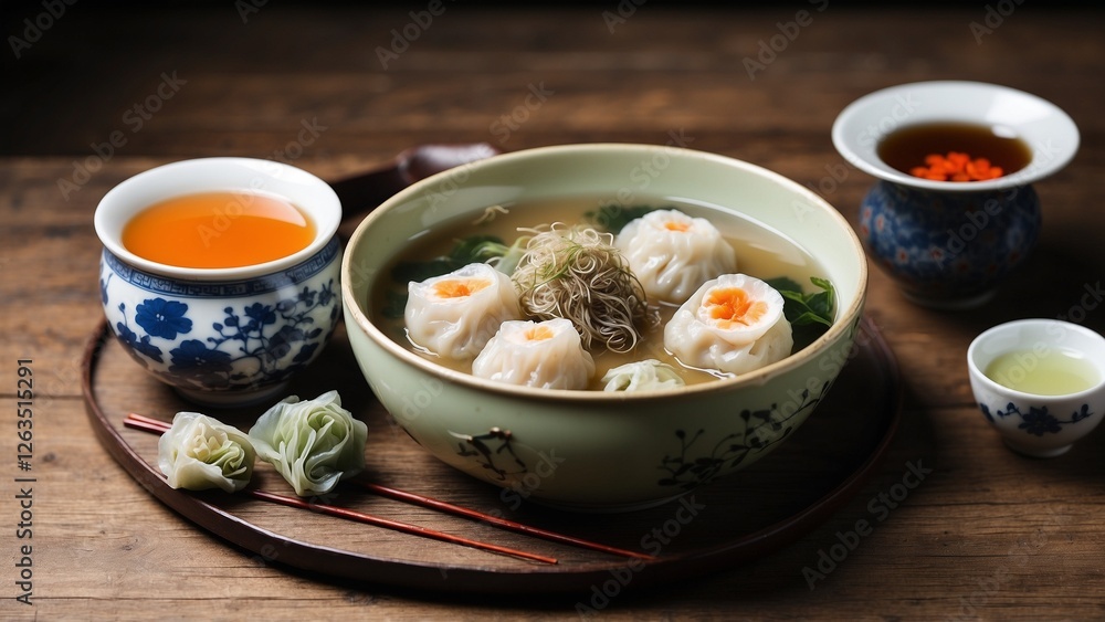 Dumpling Soup Tea Setting rustic natural hues representing traditional ceremony Dumpling Soup Tea Setting rustic natural hues representing traditional ceremony