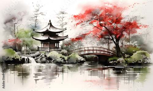 The subject of the painting includes traditional Japanese pagoda buildings in a city garden with trees and a pond. Japan traditional sumi-e. Ink painting style.
