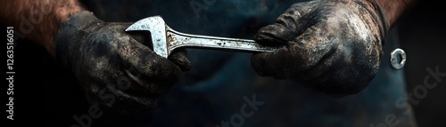 A close-up of a mechanic's hands gripping a shiny wrench, symbolizing craftsmanship and hard work in the industry, highlighting dedication and skill. photo