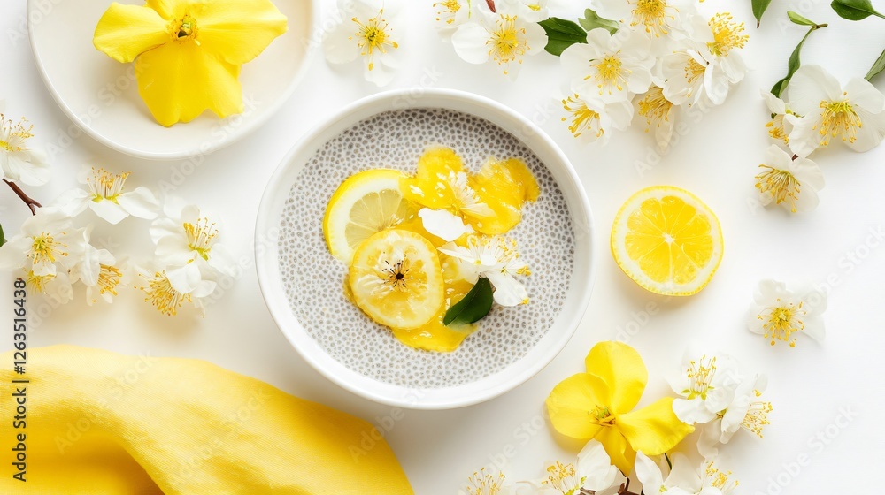 A spring-themed honey-lemon chia pudding bowl surrounded by blooming flowers, pastel-colored dishes, and a bright yellow napkin, isolated on a soft white background A spring-themed honey-lemon chia pudding bowl surrounded by blooming flowers, pastel-colored dishes, and a bright yellow napkin, isolated on a soft white background