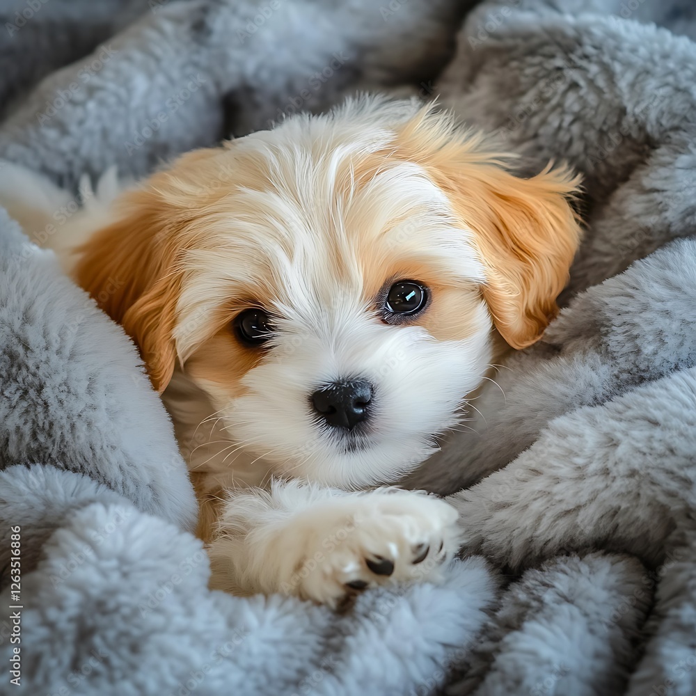 tiny furry puppy snuggled soft cozy blanket warm gaze image tiny furry puppy snuggled soft cozy blanket warm gaze image