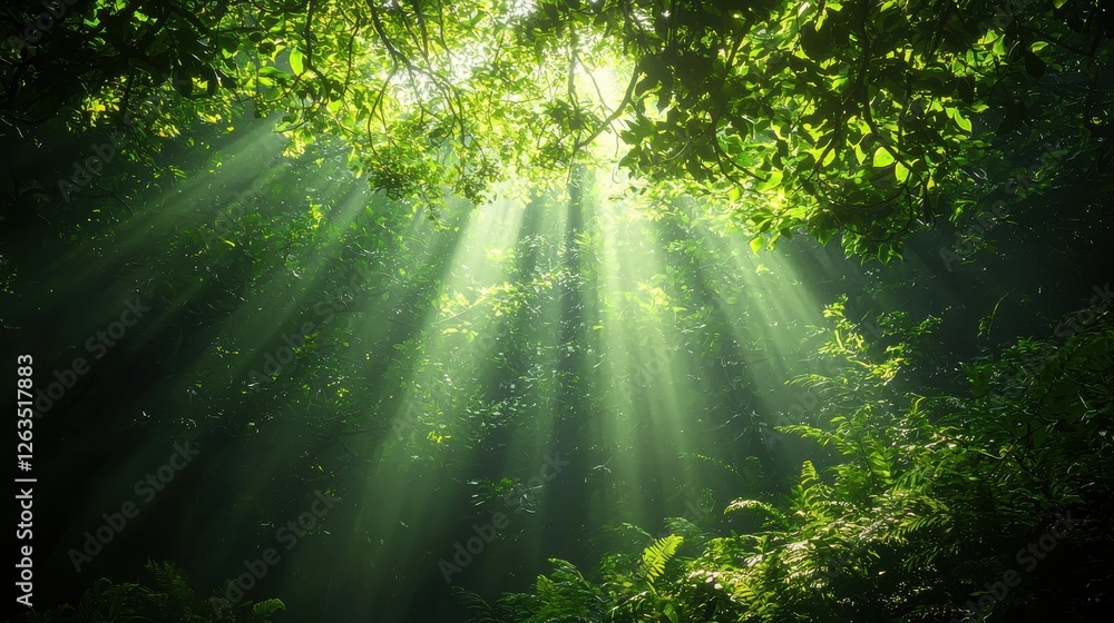 Fototapeta premium Ethereal Sunlight Streaming Through Lush Green Forest Canopy