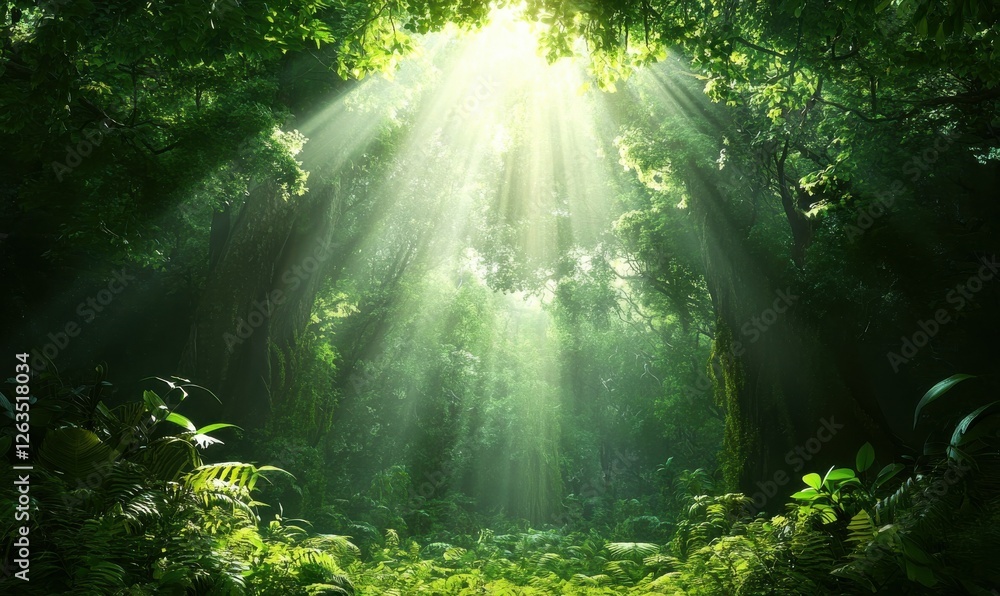 dark rainforest with sun rays beaming through trees. Atmospheric fantasy forest in lush jungle greenery. dark rainforest with sun rays beaming through trees. Atmospheric fantasy forest in lush jungle greenery.
