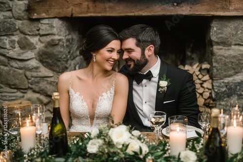 A bride and groom are seated together at a beautifully decorated table adorned with candles and flowers, creating a romantic atmosphere. photo