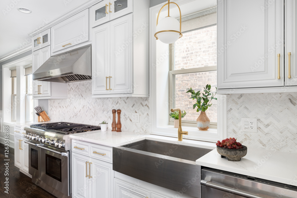 A kitchen with a gold light fixture hanging over a stainless steel apron sink and gold faucet, white marble countertop, and a white marble herringbone tile backsplash. No brands or labels. A kitchen with a gold light fixture hanging over a stainless steel apron sink and gold faucet, white marble countertop, and a white marble herringbone tile backsplash. No brands or labels.