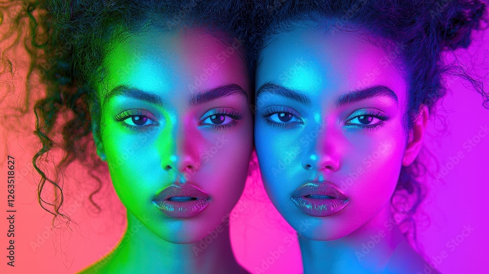 Obraz premium Vibrant Portrait of Two Diverse Women with Colorful Neon Lighting