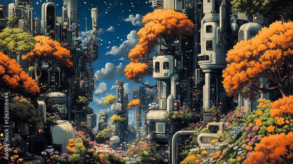 Obraz premium Futuristic Cityscape with Colorful Trees and Vibrant Flowers at Night