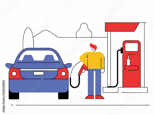 Minimalist illustration of a man fueling his car at a gas station