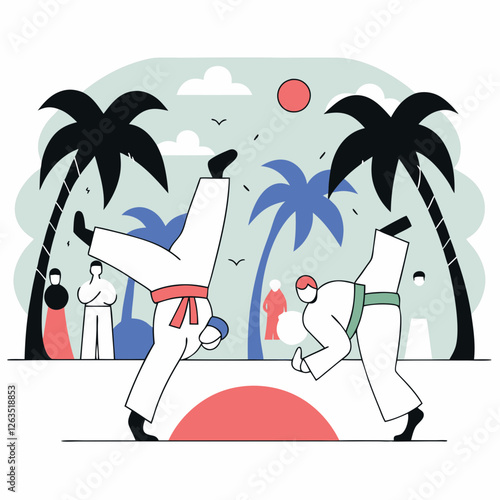 Minimalist illustration of two people playing Brazilian capoeira, representing culture