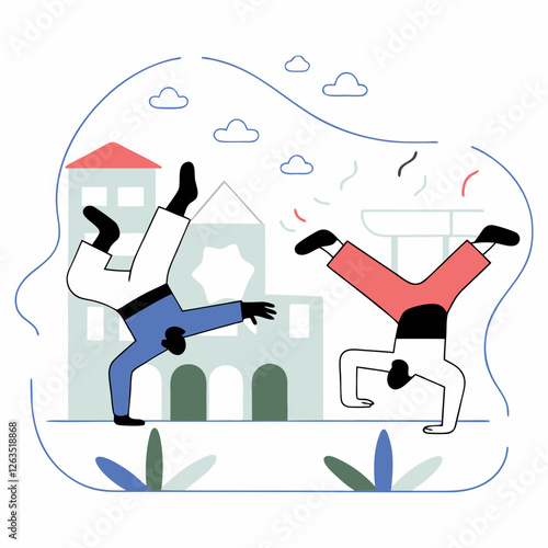 Minimalist illustration of two people playing Brazilian capoeira, representing culture