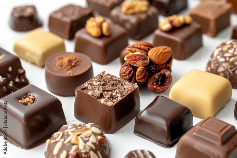 Collection of chocolate candies with decorative toppings on a white background, with full depth of field, focusing on the intricate details Collection of chocolate candies with decorative toppings on a white background, with full depth of field, focusing on the intricate details