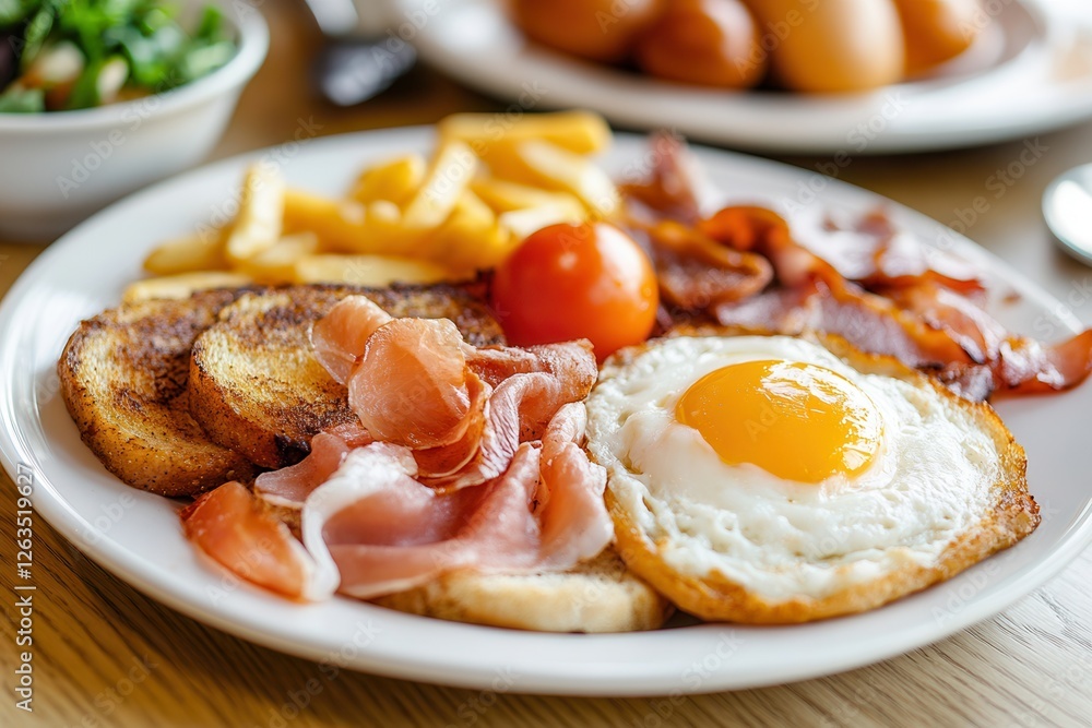 A delicious plate featuring eggs, crispy bacon, golden toast, and savory French fries, perfect for a hearty breakfast or brunch. A delicious plate featuring eggs, crispy bacon, golden toast, and savory French fries, perfect for a hearty breakfast or brunch.