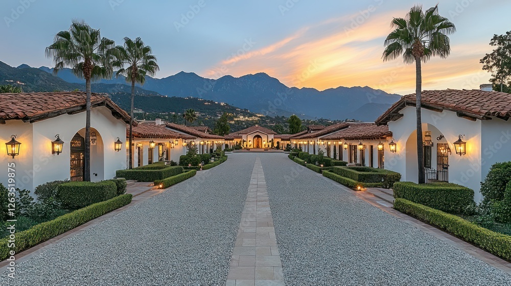 Sunset View of a Luxurious Spanish-Style Estate in the Mountains Sunset View of a Luxurious Spanish-Style Estate in the Mountains
